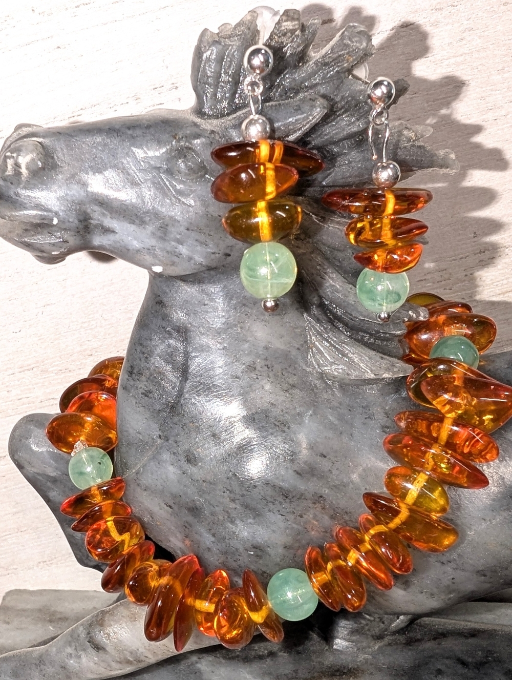 CUSTOM CW Baltic Amber and Green Jade Necklace & Sterling Silver Earrings